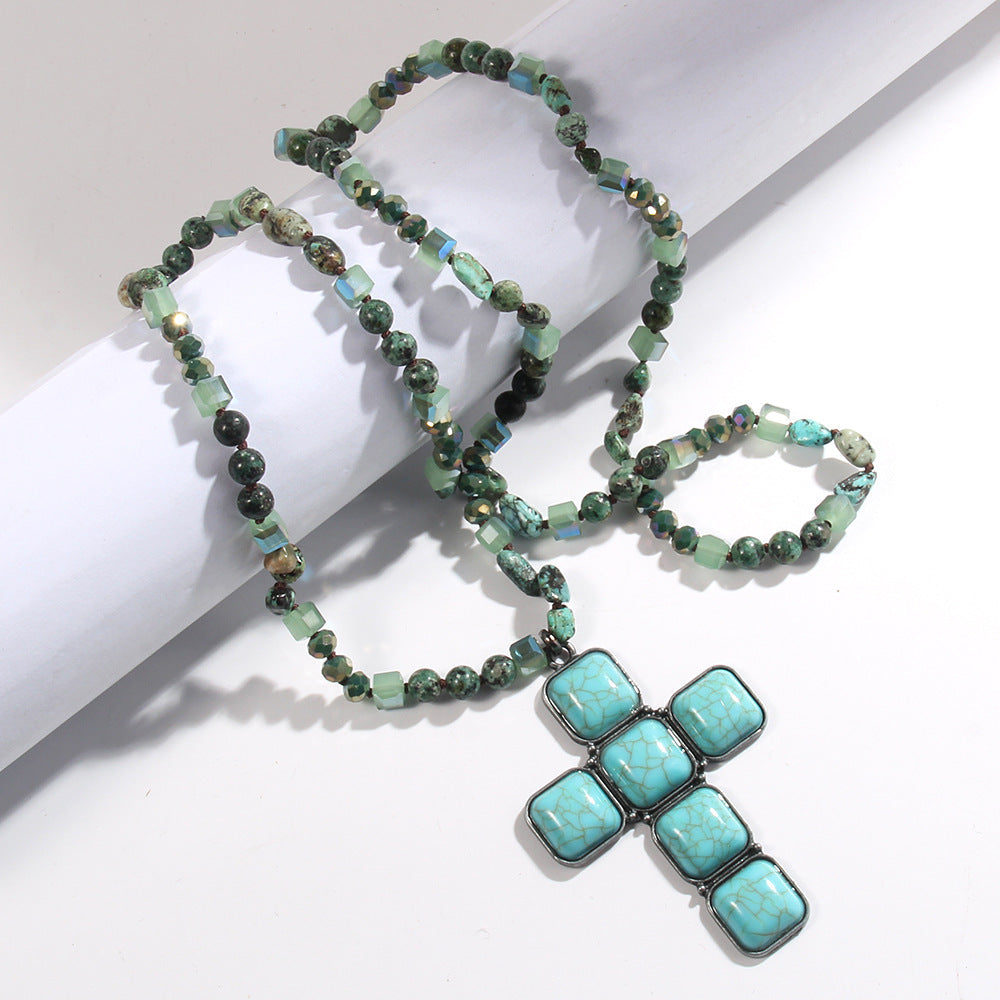 Glass Knotted Square Cross Pendant Necklace Sweater Chain