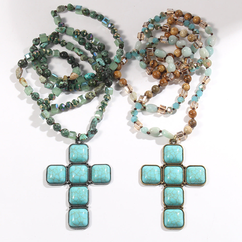 Glass Knotted Square Cross Pendant Necklace Sweater Chain