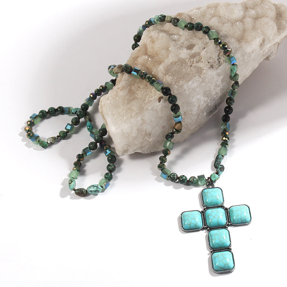 Glass Knotted Square Cross Pendant Necklace Sweater Chain