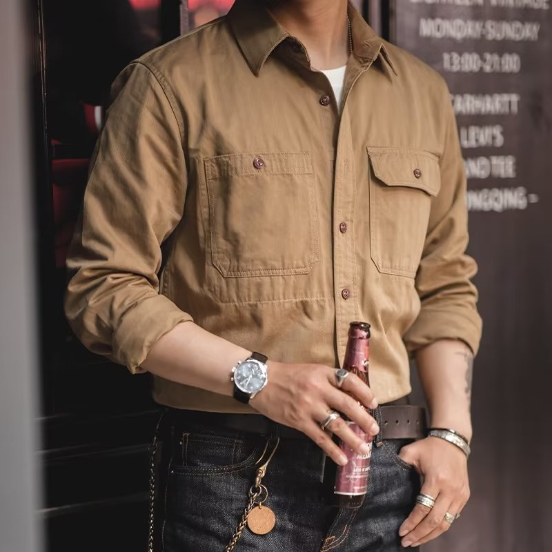 Workwear Shirt Men's Amekaji Lapel Long-sleeved Shirt