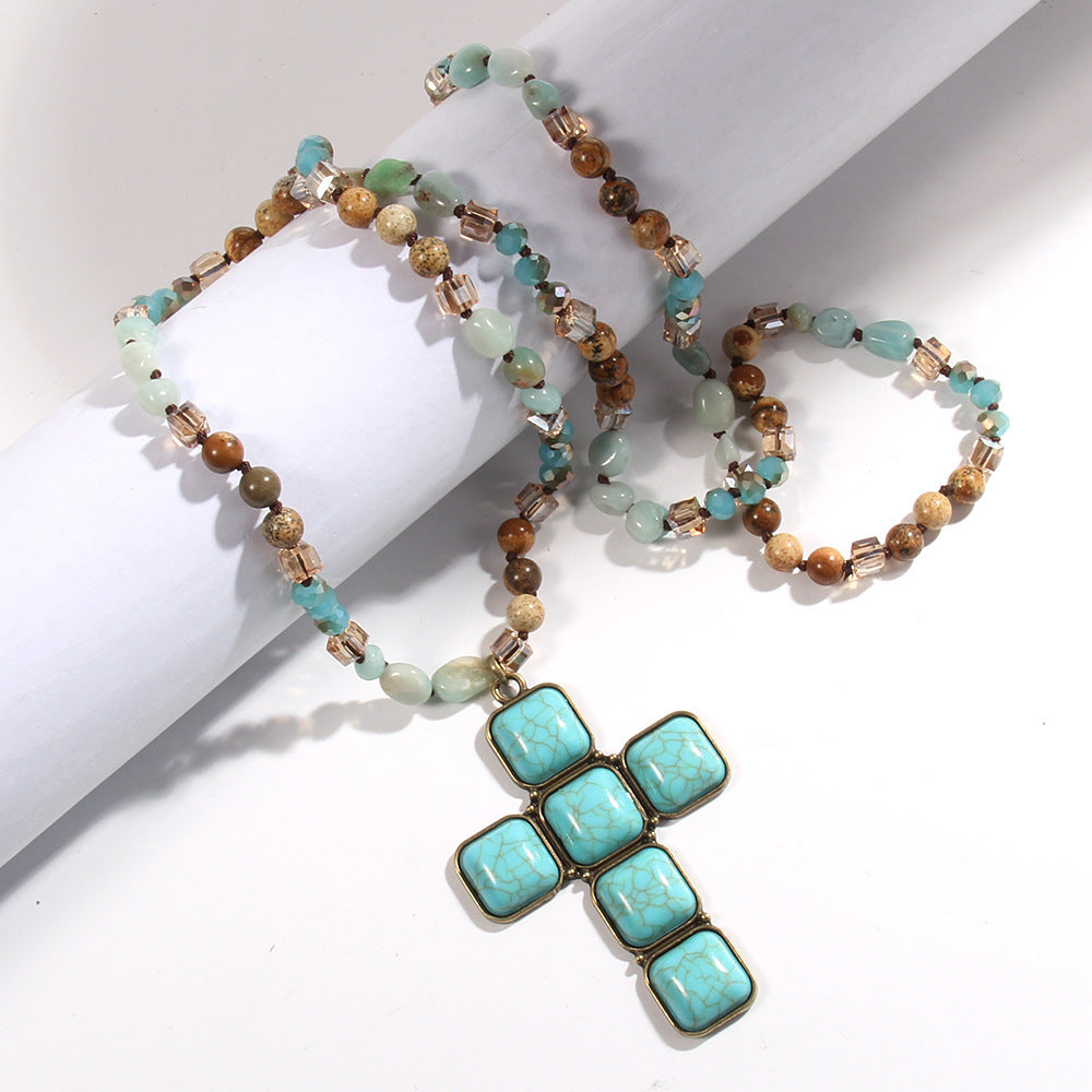 Glass Knotted Square Cross Pendant Necklace Sweater Chain